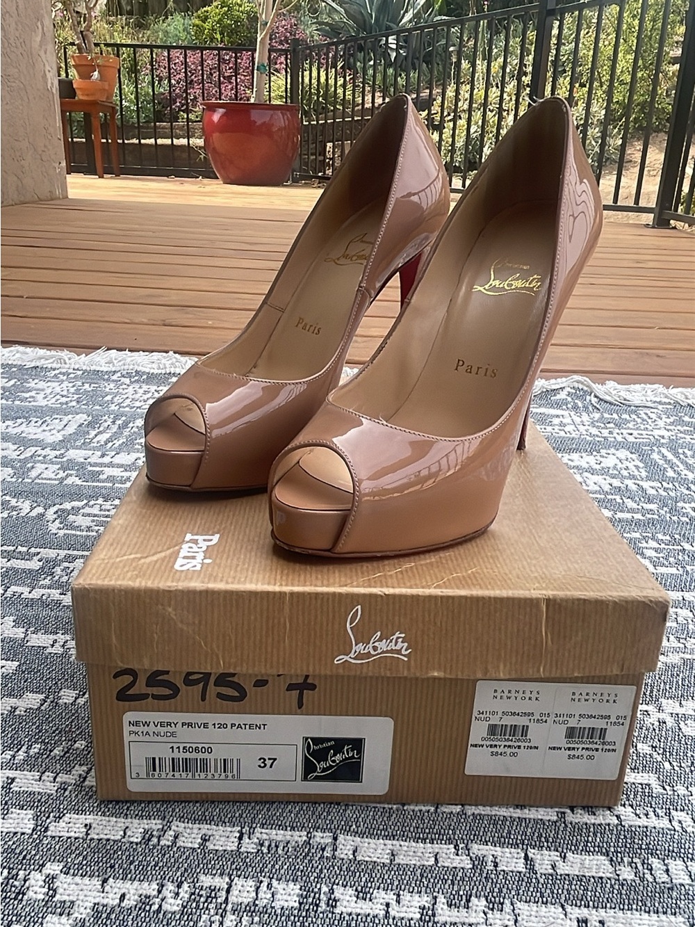 Christian Louboutin Nude Patent Peep-Toe Pumps with Signature Red Sole